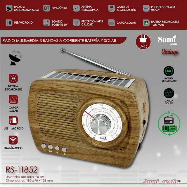 Radio Multimédia Vintage Solar/Corrente/Pilhas ref.RS11852