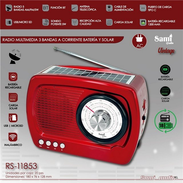 Radio Multimédia Vintage Solar/Corrente/Pilhas ref.RS11853